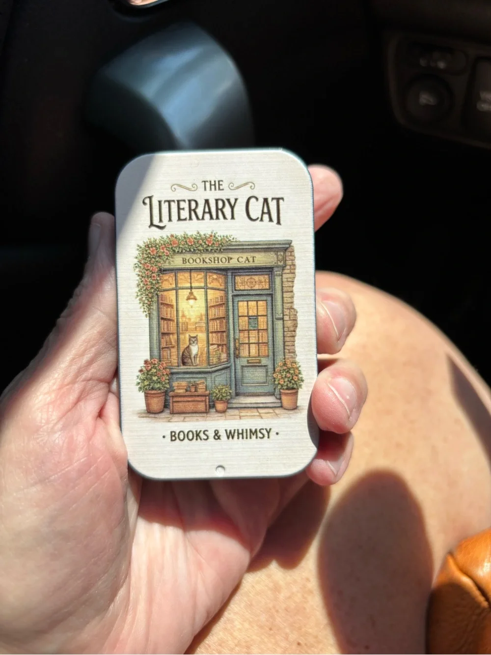 Decorative Tin and Match Holder with striker- Cream & Blue Bookshop Library Cat